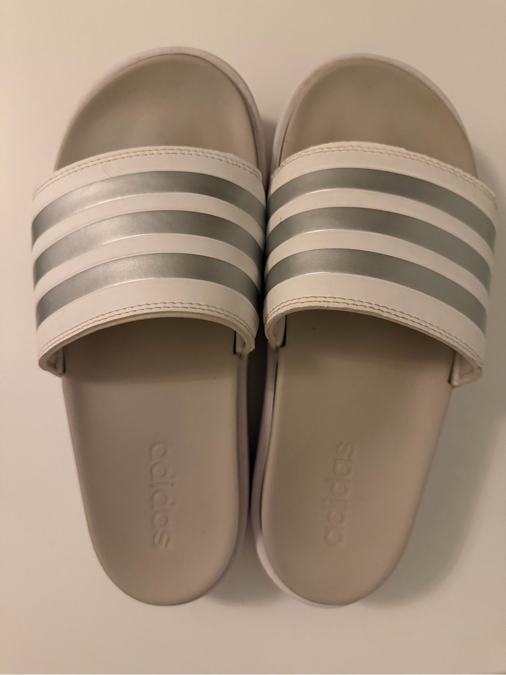 adidas White and Silver Stripe Slide Sandals